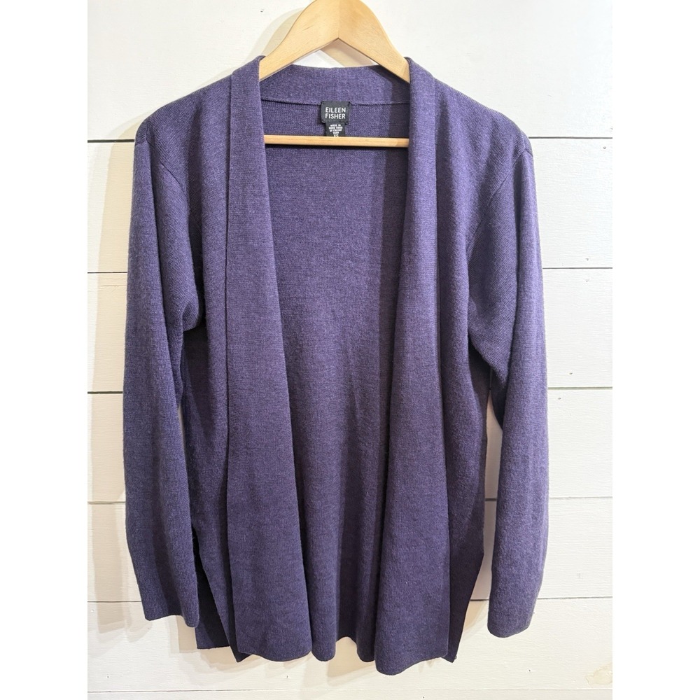 Eileen Fisher Size XS Purple Open Front Long Sleeve Wool Cardigan Sweater